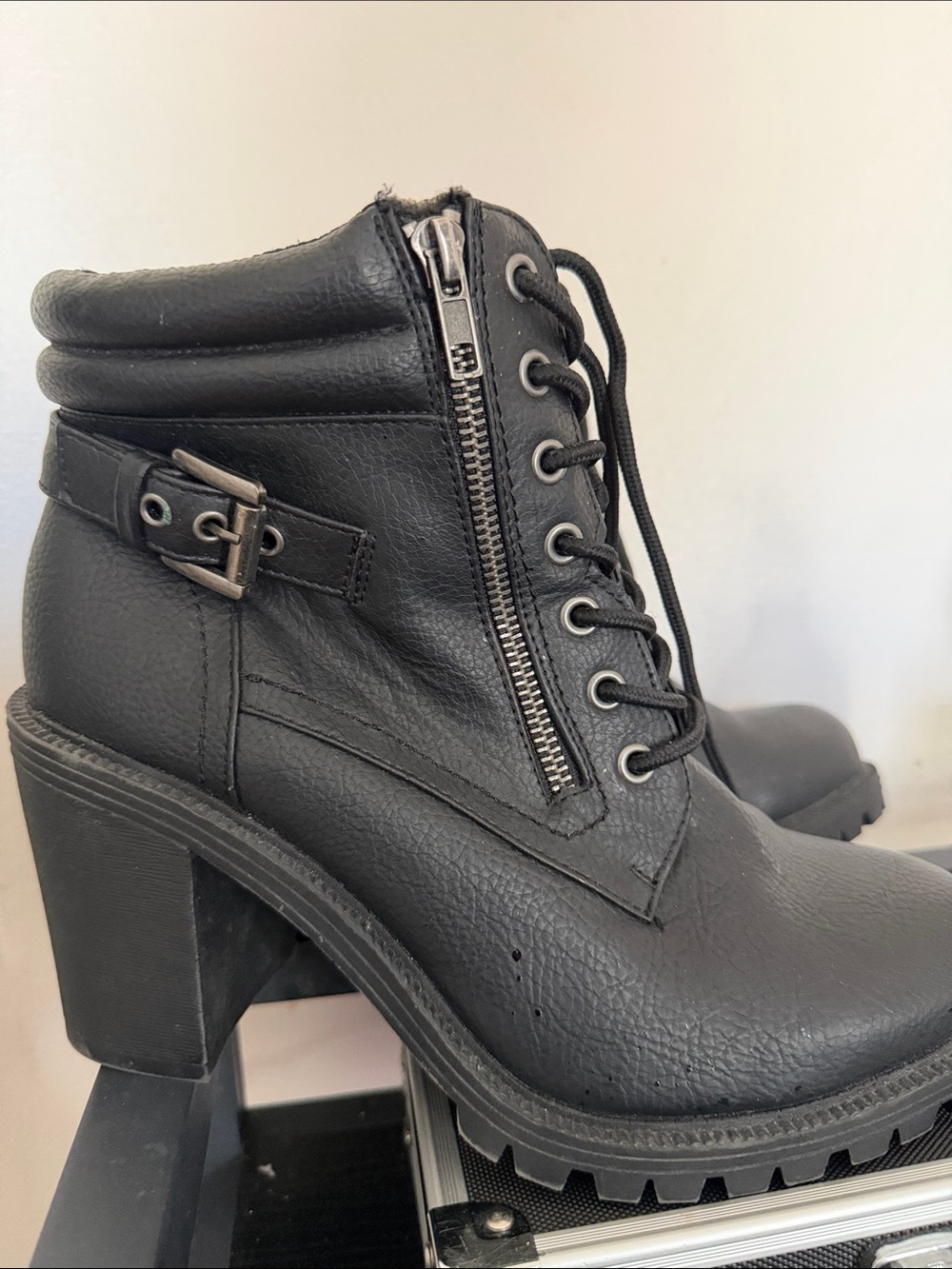 torrid Black Lace-Up Block Heel Ankle Boot with Side Zipper and Buckle